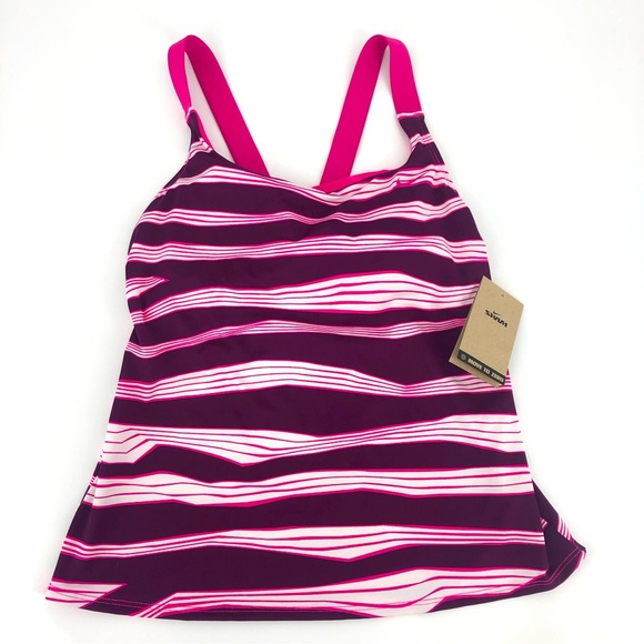 NWT Nike Swin Tankini Top Pink White Striped Padded Shelf Bra Size Medium - Picture 1 of 5